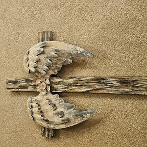 Brand New Rustic Wooden Cross with Metal Angel Wings 20"L X 14"W
